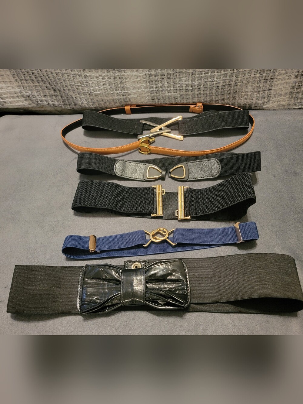 Assorted Elastic Fashion Belts with Gold Accents - Black, Navy, Tan